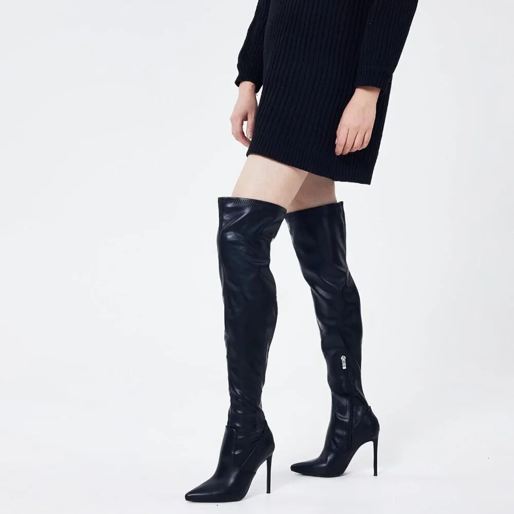 Women Black Matte Suede Pointed Toe 4.3 inch Stilettos Thigh High Heels Boots
